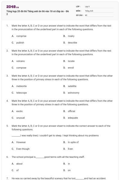Tổng hợp 20 đề thi Tiếng anh ôn thi vào 10 có đáp án - Đề 2