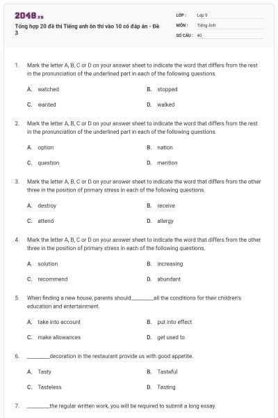 Tổng hợp 20 đề thi Tiếng anh ôn thi vào 10 có đáp án - Đề 3