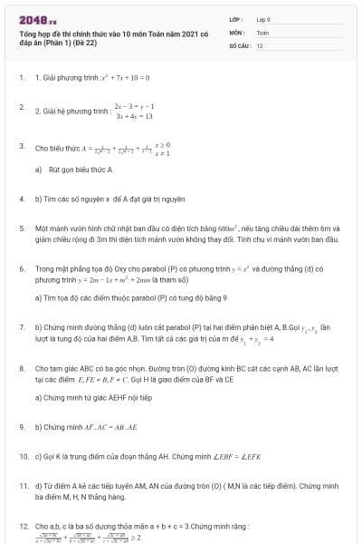 Tổng hợp đề thi chính thức vào 10 môn Toán năm 2021 có đáp án (Phần 1) (Đề 22)
