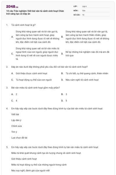 10 câu Trắc nghiệm Viết bài văn tả cảnh sinh hoạt Chân trời sáng tạo có đáp án
