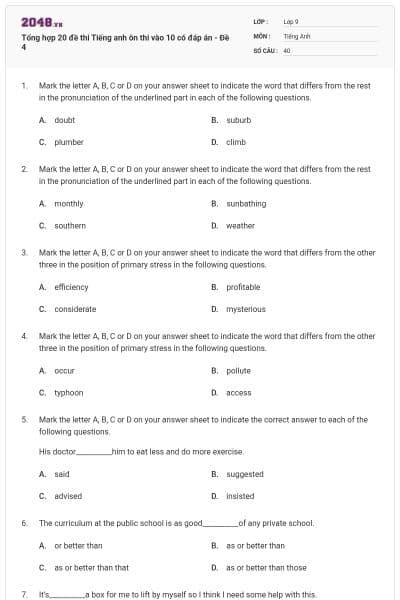 Tổng hợp 20 đề thi Tiếng anh ôn thi vào 10 có đáp án - Đề 4