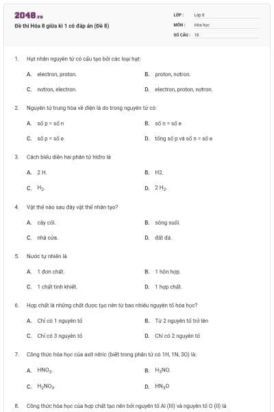 Đề thi Hóa 8 giữa kì 1 có đáp án (Đề 8)