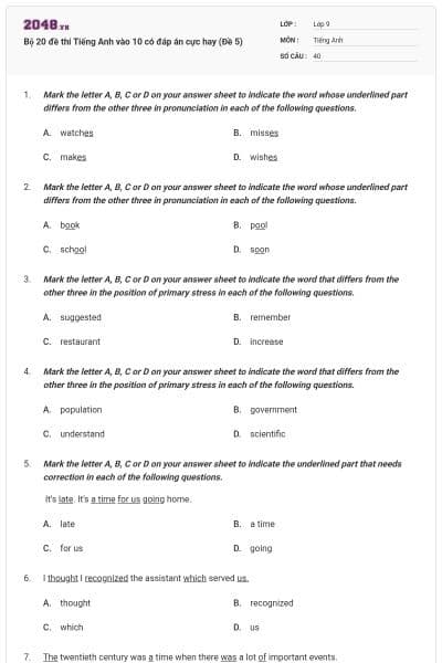 Bộ 20 đề thi Tiếng Anh vào 10 có đáp án cực hay (Đề 5)