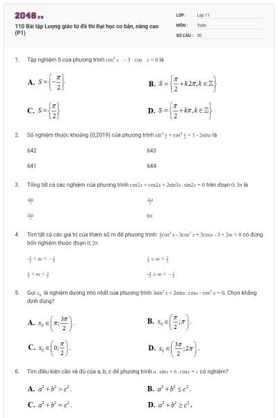 110 Bài tập Lượng giác từ đề thi Đại học cơ bản, nâng cao (P1)