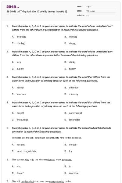 Bộ 20 đề thi Tiếng Anh vào 10 có đáp án cực hay (Đề 6)