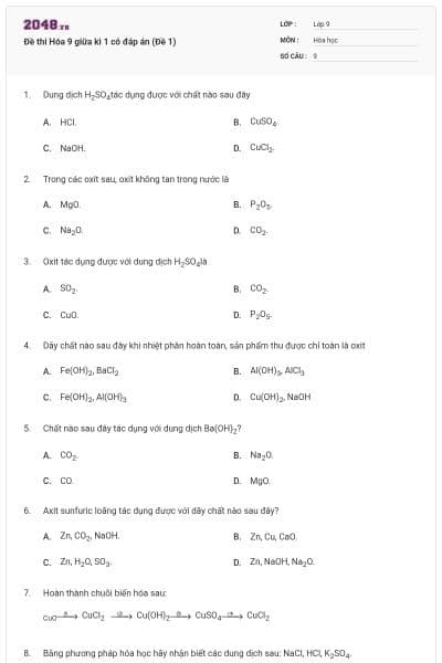 Đề thi Hóa 9 giữa kì 1 có đáp án (Đề 1)