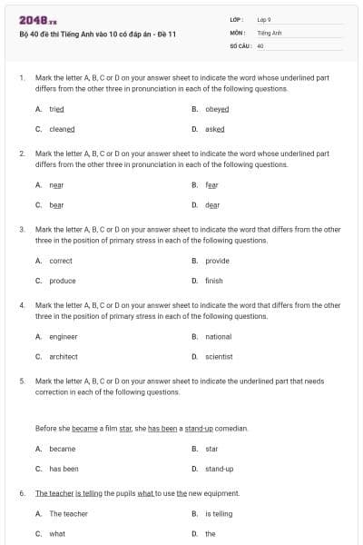 Bộ 40 đề thi Tiếng Anh vào 10 có đáp án - Đề 11