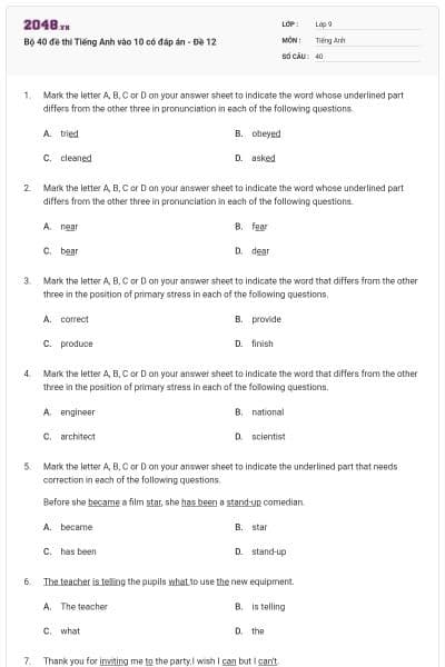 Bộ 40 đề thi Tiếng Anh vào 10 có đáp án - Đề 12