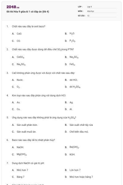 Đề thi Hóa 9 giữa kì 1 có đáp án (Đề 4)