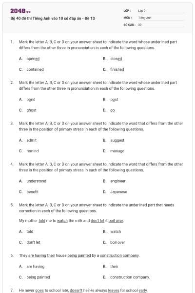 Bộ 40 đề thi Tiếng Anh vào 10 có đáp án - Đề 13
