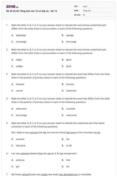Bộ 40 đề thi Tiếng Anh vào 10 có đáp án - Đề 14