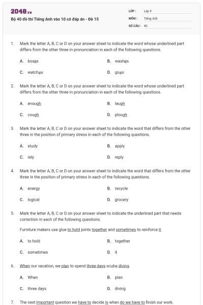 Bộ 40 đề thi Tiếng Anh vào 10 có đáp án - Đề 15