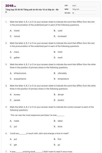 Tổng hợp 20 đề thi Tiếng anh ôn thi vào 10 có đáp án - Đề 6