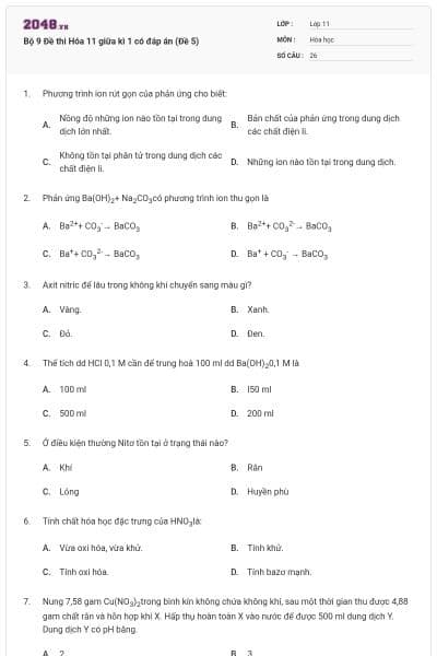Bộ 9 Đề thi Hóa 11 giữa kì 1 có đáp án (Đề 5)