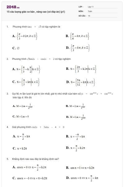 15 câu lượng giác cơ bản , nâng cao (có đáp án) (p1)
