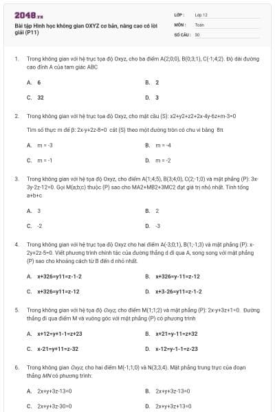 Bài tập Hình học không gian OXYZ cơ bản, nâng cao có lời giải (P11)