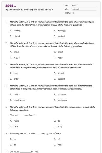 Bộ 20 đề thi vào 10 môn Tiếng anh có đáp án - Đề 3