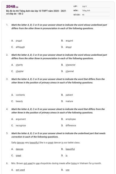 Bộ đề ôn thi Tiếng Anh vào lớp 10 THPT năm 2020 - 2021 có đáp án - Đề 2