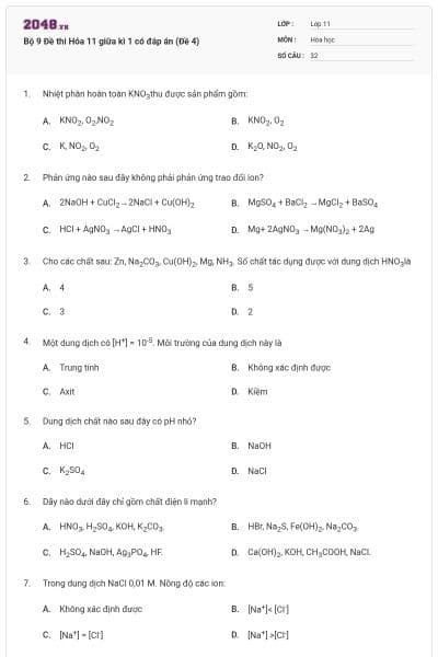 Bộ 9 Đề thi Hóa 11 giữa kì 1 có đáp án (Đề 4)