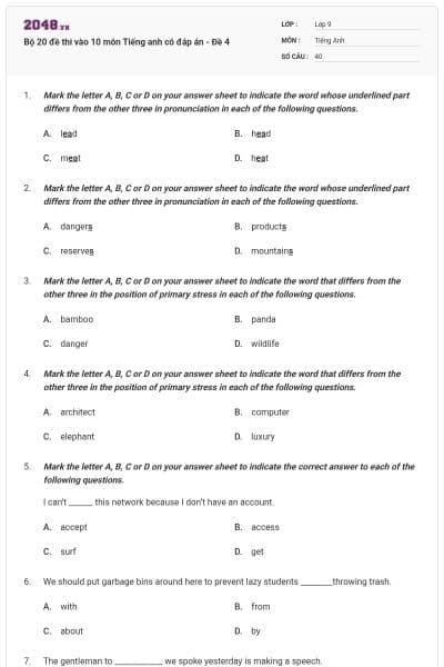 Bộ 20 đề thi vào 10 môn Tiếng anh có đáp án - Đề 4