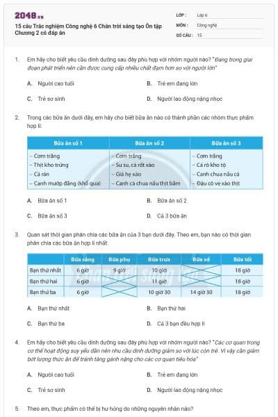 15 câu Trắc nghiệm Công nghệ 6 Chân trời sáng tạo Ôn tập Chương 2 có đáp án