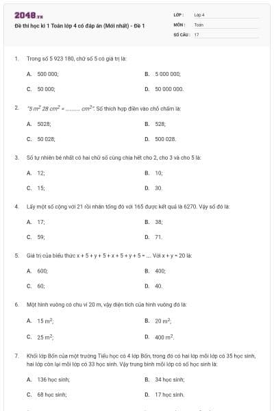 Đề thi học kì 1 Toán lớp 4 có đáp án  (Mới nhất) - Đề 1