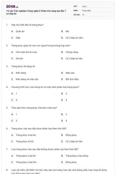 15 câu Trắc nghiệm Công nghệ 6 Chân trời sáng tạo Bài 7 có đáp án