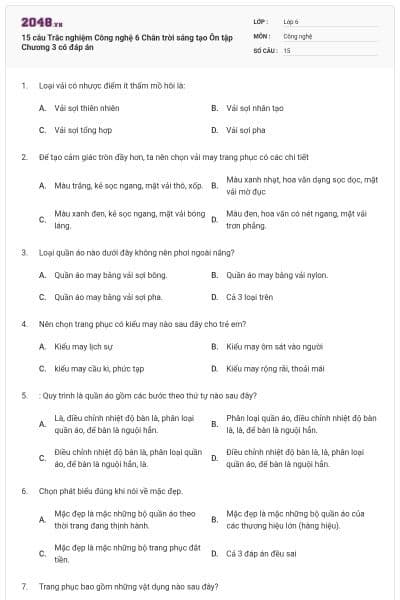 15 câu Trắc nghiệm Công nghệ 6 Chân trời sáng tạo Ôn tập Chương 3 có đáp án