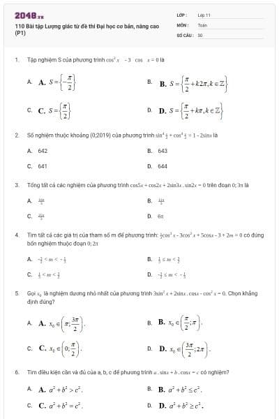 110 Bài tập Lượng giác từ đề thi Đại học cơ bản, nâng cao (P1)
