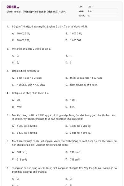 Đề thi học kì 1 Toán lớp 4 có đáp án  (Mới nhất) - Đề 4