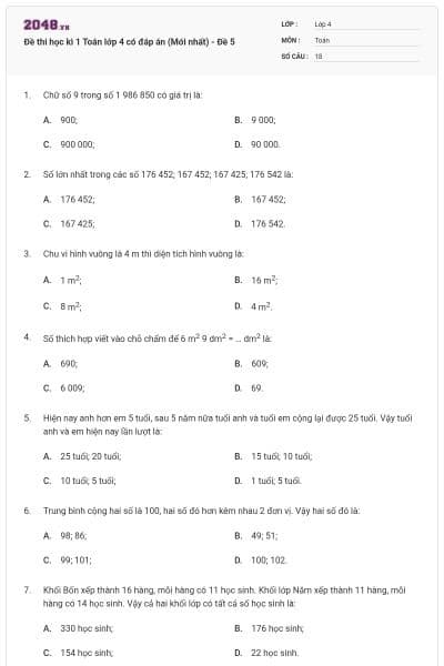 Đề thi học kì 1 Toán lớp 4 có đáp án  (Mới nhất) - Đề 5