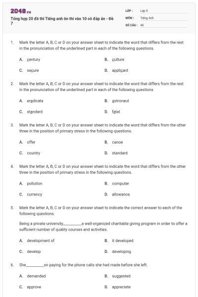 Tổng hợp 20 đề thi Tiếng anh ôn thi vào 10 có đáp án - Đề 7