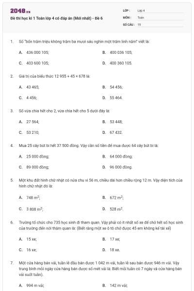 Đề thi học kì 1 Toán lớp 4 có đáp án  (Mới nhất) - Đề 6