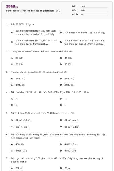Đề thi học kì 1 Toán lớp 4 có đáp án  (Mới nhất) - Đề 7