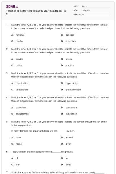 Tổng hợp 20 đề thi Tiếng anh ôn thi vào 10 có đáp án - Đề 8