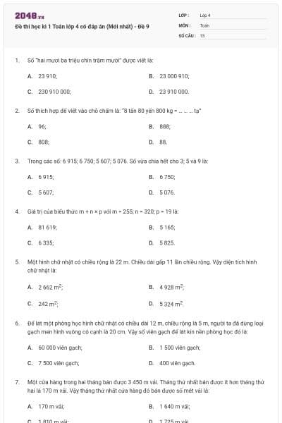 Đề thi học kì 1 Toán lớp 4 có đáp án  (Mới nhất) - Đề 9
