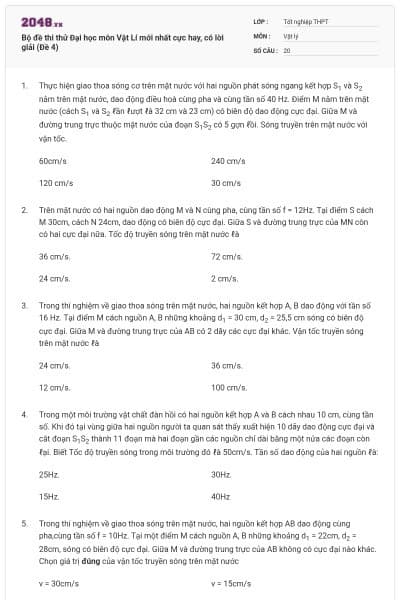 Bộ đề thi thử Đại học môn Vật Lí mới nhất cực hay, có lời giải (Đề 4)