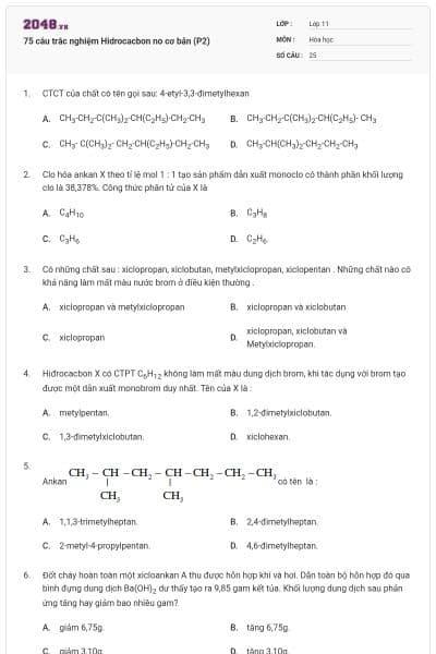 75 câu trắc nghiệm Hidrocacbon no cơ bản (P2)