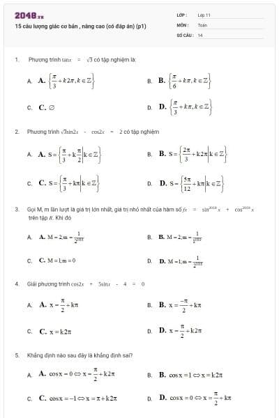 15 câu lượng giác cơ bản , nâng cao (có đáp án) (p1)