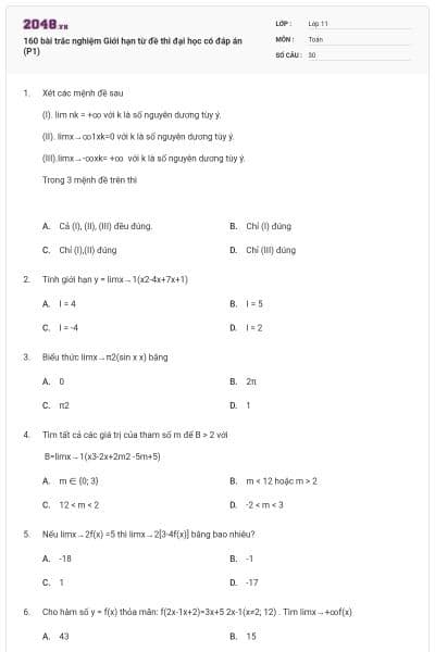 160 bài trắc nghiệm Giới hạn từ đề thi đại học có đáp án (P1)