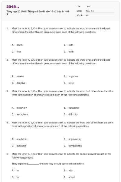 Tổng hợp 20 đề thi Tiếng anh ôn thi vào 10 có đáp án - Đề 9