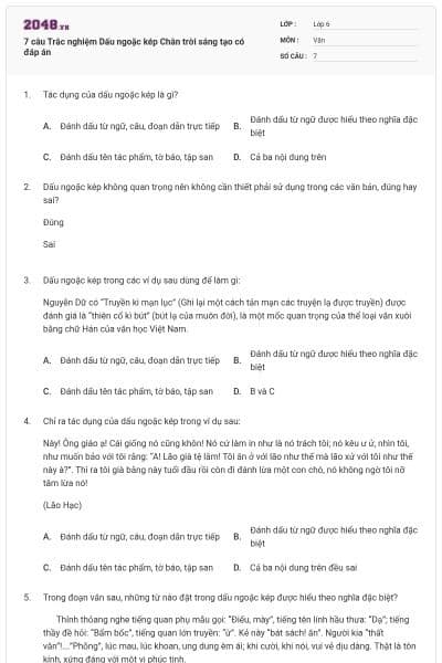 7 câu Trắc nghiệm Dấu ngoặc kép Chân trời sáng tạo có đáp án