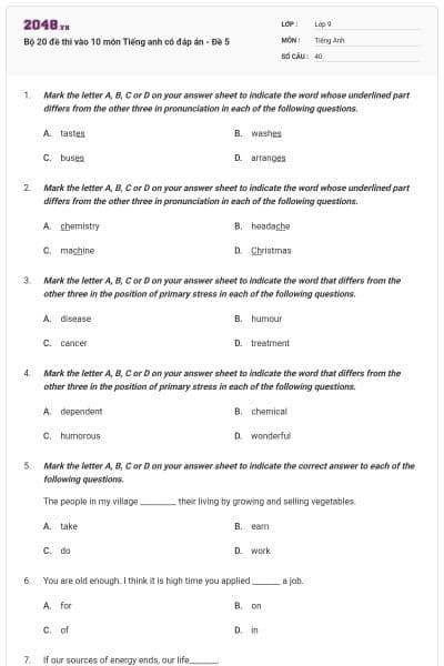 Bộ 20 đề thi vào 10 môn Tiếng anh có đáp án - Đề 5