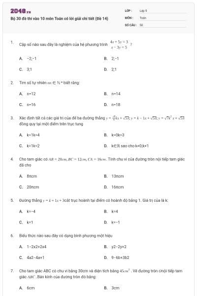 Bộ 30 đề thi vào 10 môn Toán có lời giải chi tiết (Đề 14)