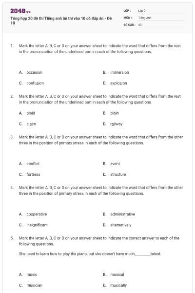 Tổng hợp 20 đề thi Tiếng anh ôn thi vào 10 có đáp án - Đề 10
