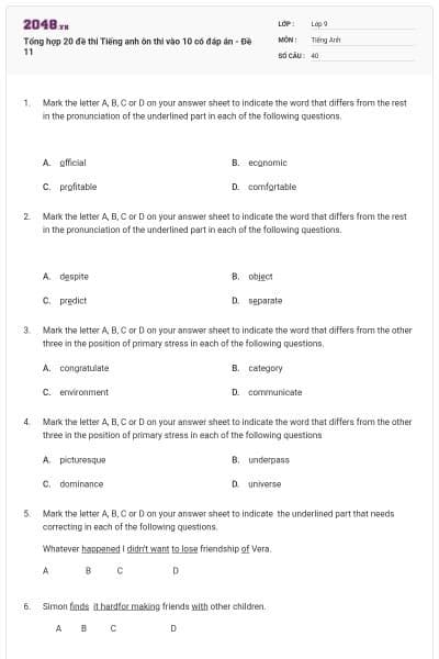 Tổng hợp 20 đề thi Tiếng anh ôn thi vào 10 có đáp án - Đề 11