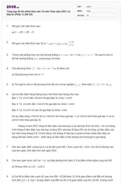 Tổng hợp đề thi chính thức vào 10 môn Toán năm 2021 có đáp án (Phần 1) (Đề 26)