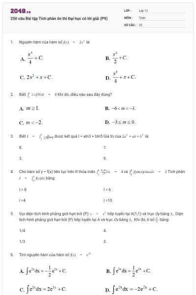 250 câu Bài tập Tích phân ôn thi Đại học có lời giải (P9)