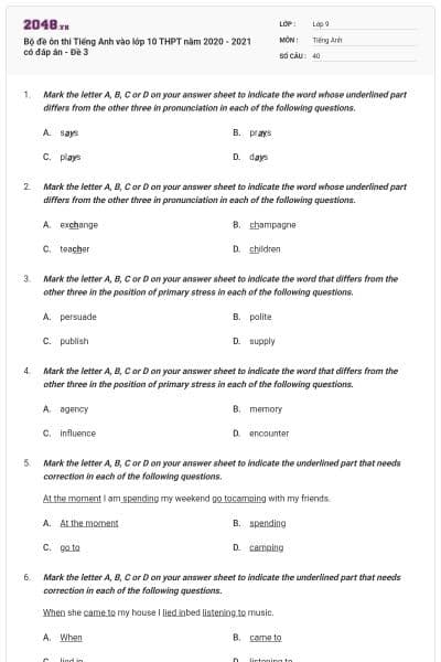 Bộ đề ôn thi Tiếng Anh vào lớp 10 THPT năm 2020 - 2021 có đáp án - Đề 3