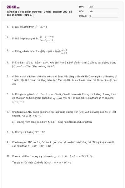 Tổng hợp đề thi chính thức vào 10 môn Toán năm 2021 có đáp án (Phần 1) (Đề 27)